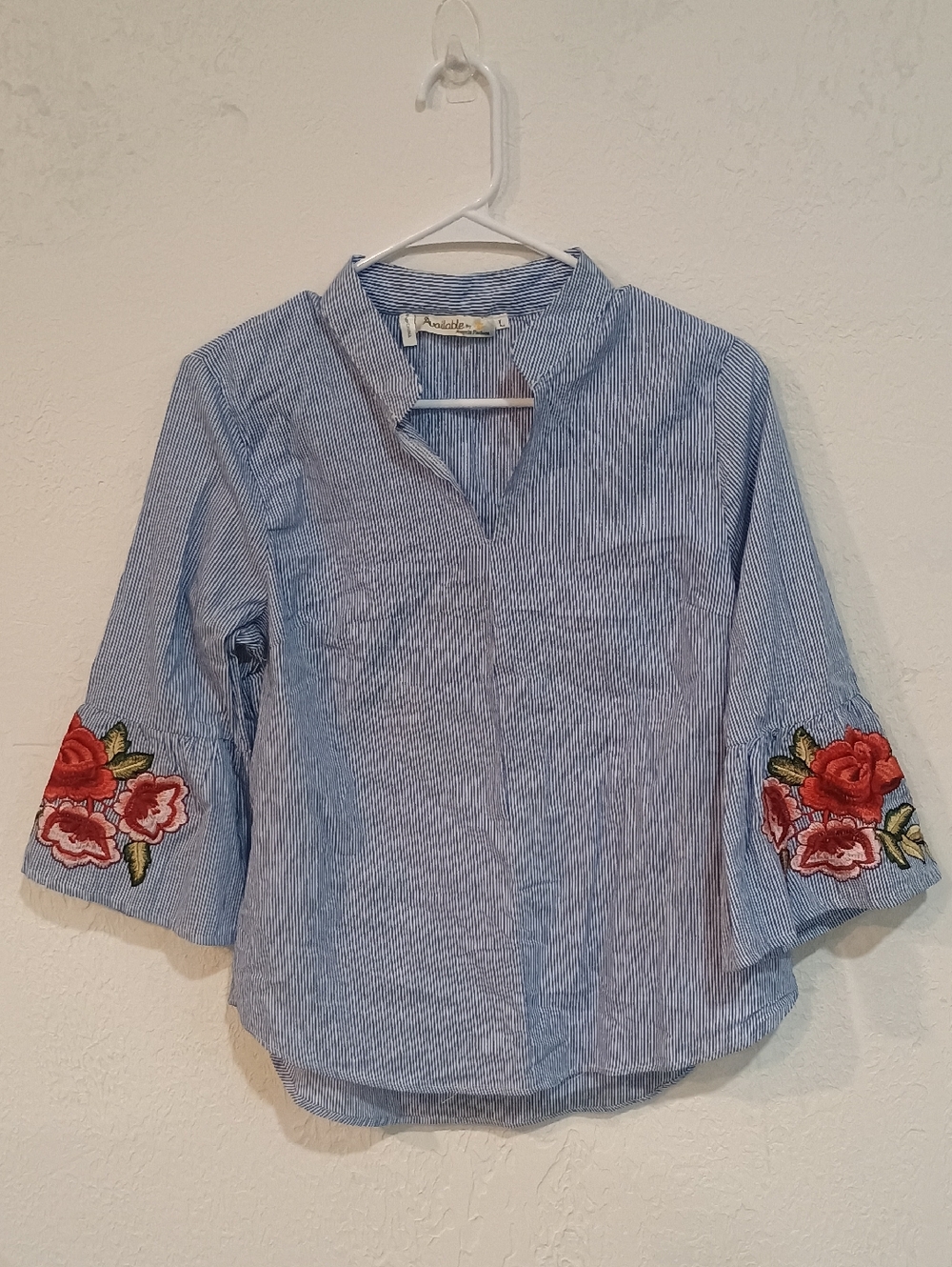 Blue Stripe Embroidered Bell Sleeve Blouse